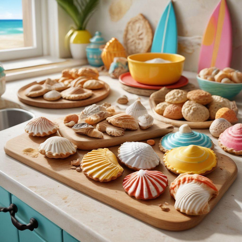 A vibrant summer scene blending a sunny beach with colorful beachwear, transitioning seamlessly into a cozy baking setup featuring delicious baked goods like cookies and pastries. Add playful elements like seashells, surfboards, and a sandy backdrop merging with a kitchen countertop. Create a cheerful atmosphere that captures the essence of summer fun and delicious treats. vibrant colors. super-realistic.