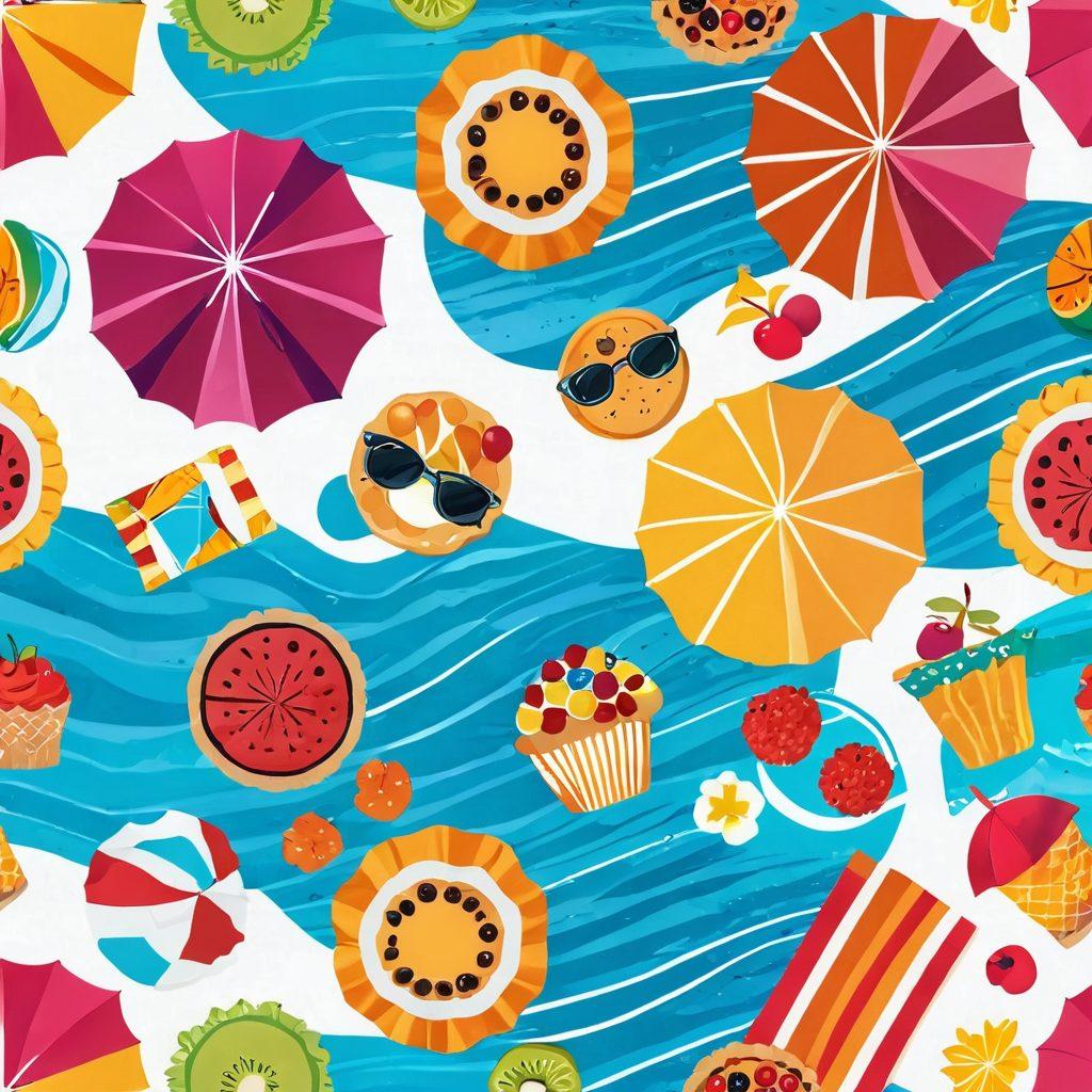 A vibrant beach scene featuring diverse swimwear styles displayed on colorful beach towels, with a picnic setup showcasing delicious baked goods like cookies, cupcakes, and fruit tarts. Bright umbrellas and beach mats in the background, along with waves gently lapping the shore. Playful beach-goers enjoying the sun and surf with a warm, inviting atmosphere. vector art. vibrant colors. white background.