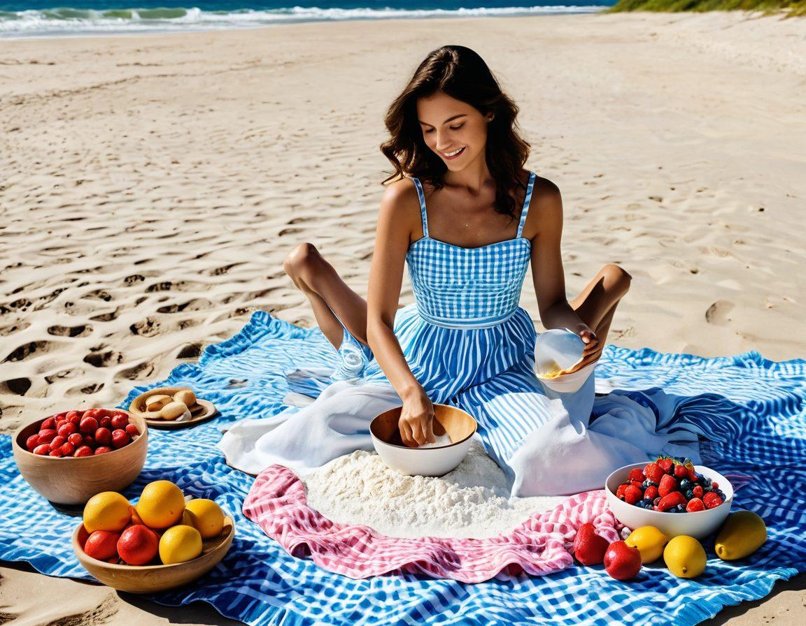 A sunny outdoor picnic scene featuring a stylish woman in a fashionable sundress, surrounded by whimsical waves of flour swirling around her while she whisks a bowl of colorful ingredients. Beach vibes are accented with a bright blue sky, a checkered picnic blanket, and vibrant summer fruits, creating a perfect blend of fashion and flavor. Emphasize the playful interaction between the waves and the flour, symbolizing creativity in the kitchen and in style. bright colors. illustrative art. whimsical design.